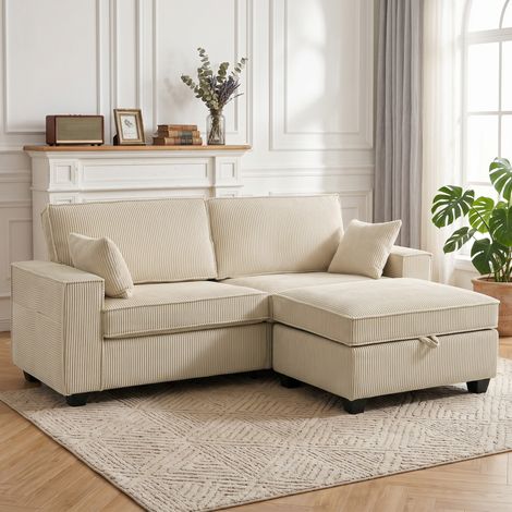 Canapé 3 Places avec Pouf de Rangement, Canapé d'Angle en Velours Côtelé, Assise Large, 2 Coussins, Beige (1/5)