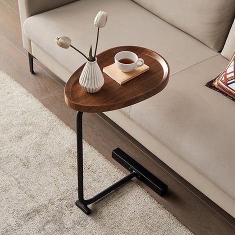 Tavolino a forma di C, tavolino stretto, tavolino moderno per divano con struttura in metallo, tavolino da caffè e snack per soggiorno, camera da letto, comodino - vassoio noce + nero (1/5)