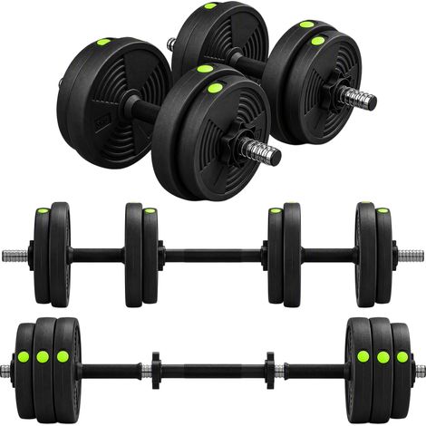 Haltères 2 en 1 réglables - SPORTNOW - avec poignées antidérapantes, 15kg - barres incluses - entraînement musculaire - noir et vert