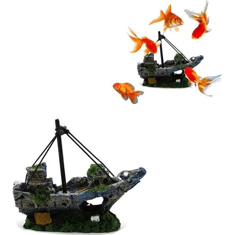Aquariumdekoration – Dekoration in Form eines Fischerbootwracks, künstliches Schiffsornament für die Aquariengestaltung (1/2)