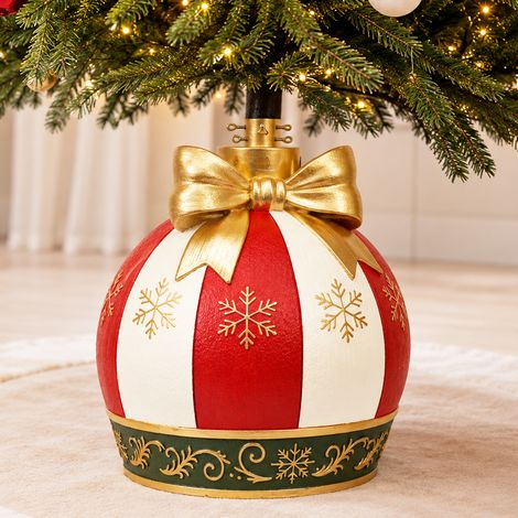 Base Albero di Natale Sfera con Fiocco Bianco e Rosso Addobbo Natalizio 30x40 cm (1/5)