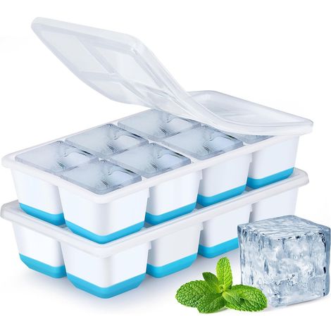 Grand bac à glaçons avec couvercle, moule à glaçons en silicone 2 pièces sans BPA et empilable, bac à glaçons pour cocktails, whisky, bière et aliments pour bébés (bleu) (1/5)