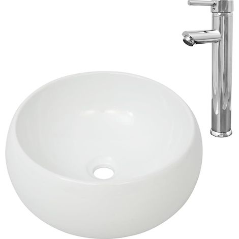 Lavabo de salle de bain avec mitigeur Céramique Rond Blanc (1/5)