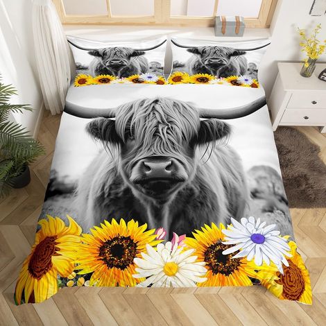Housse de Couette Vache des Highlands, Parure de Lit 200x200 Adulte Tournesol Chic, Sets de Housses de Couettes Vintage Ferme, Couvre Lit Bovin Gris Taureau Animaux de Ferme - 200x200cm + 2 Taies Orei (1/5)