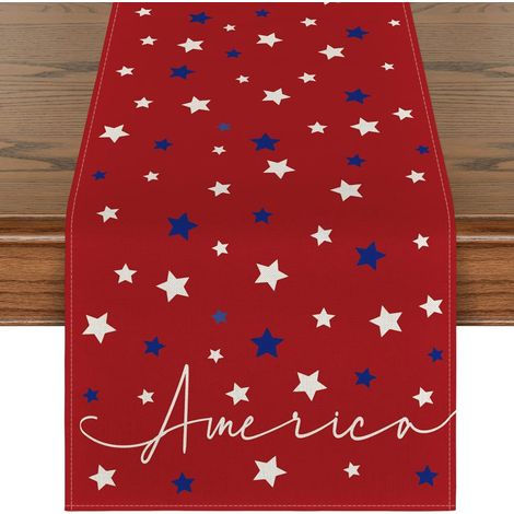 1 chemin de table Étoiles rouges américaines, 33 x 178 cm, fibre de lin, motif drapeau et lettres, décoration 4 juillet et fête nationale (1/5)
