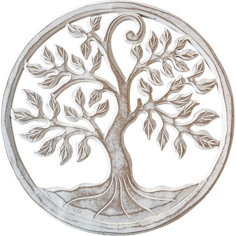 Décoration murale arbre de vie en bois blanc patiné (1/2)