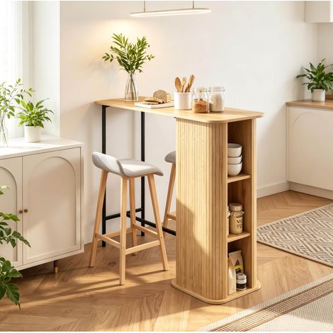 Mesa de bar 112x50x106 cm de madera natural con almacenaje para cocina -FLORAGRACE (1/5)