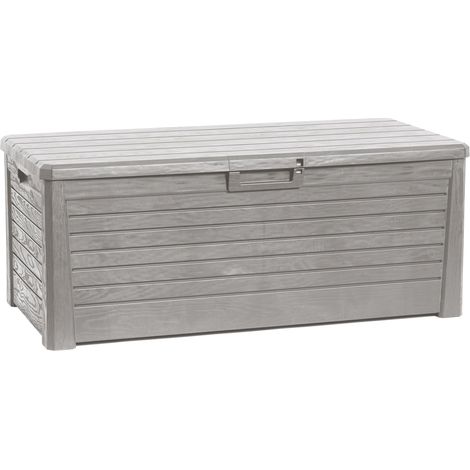 Toomax Florida baule da 550L multiuso con seduta, 148x72x60h finitura effetto legno, colore grigio tortora, porta attrezzi resistente ai raggi UV, con foro per lucchetto, ideale per esterni