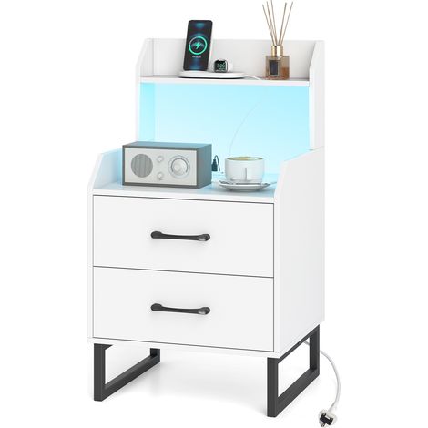 COSTWAY Modern Bedside Table Nightstand with Built-in Charging Station