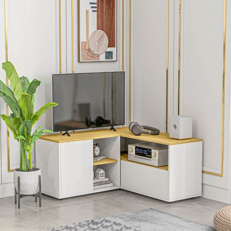 Armoire TV en forme de L pour TV 40" avec 3 étagères ouvertes et 2 placards - 90x90x45 cm - métal ingénieur - couleur chêne et blanc