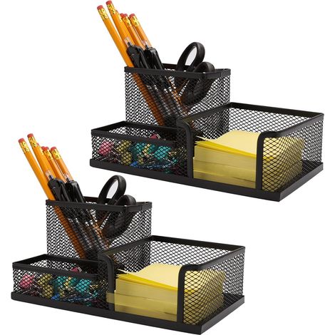 2 pièces en maille porte-stylo organisateur de bureau, 3 compartiments en maille noire porte-stylo (dimensions : 20,3 x 10,2 x 9,9 cm) (1/2)