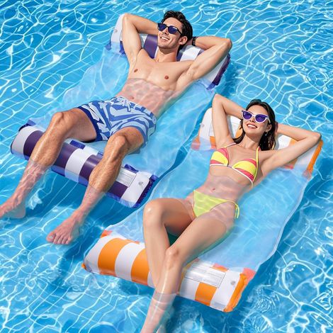 Bouee Piscine Adulte 2 Pièces, 4 in 1 XL Matelas Gonflable, Hamac Gonflable Piscine, Filet de Bouées et Gonflables Personnes Bleu/Orange - (1/5)