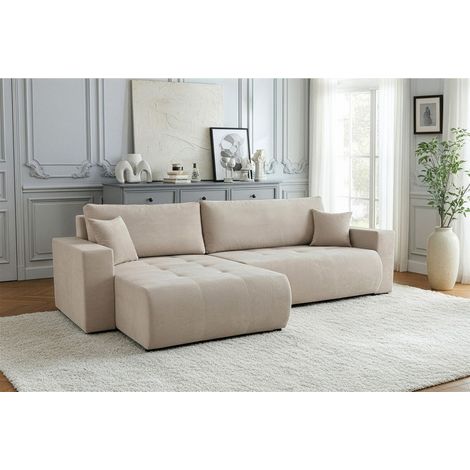 Ecksofa Schlafsofa Sofa ARMARI in Stoff Wind Beige Ottomane Rechts