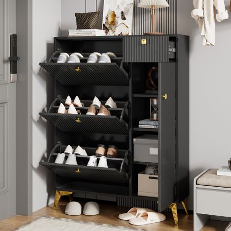 Armoire à chaussures étroite avec 3 portes battantes, 1 tiroir coulissant et 1 porte supplémentaire – Étagère à chaussures noire, dimensions : H 121 cm × L 90 cm × P 25 cm (réf. N657P19561518S)
