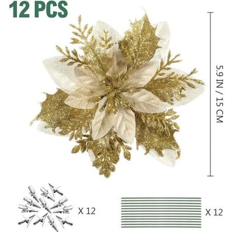 12 fleurs de Noël, fleurs décoratives de Noël, fausses fleurs pour couronnes de Noël, décorations d'arbre de Noël (en couleur (1/4)