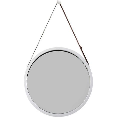 Runder Wandspiegel mit verstellbarem Lederriemen, Badezimmerspiegel, Bambus, weiß, 38 cm (1/3)