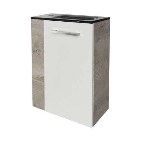 Fackelmann STANFORD SBC Gäste-WC Set 2 Teile – Waschtischunterschrank in Weiß mit Holz Braun mit Waschbecken aus Glas in Anthrazit  – Waschbeckenunterschrank schmal – Türanschlag rechts – 45 cm breit" (1/5)