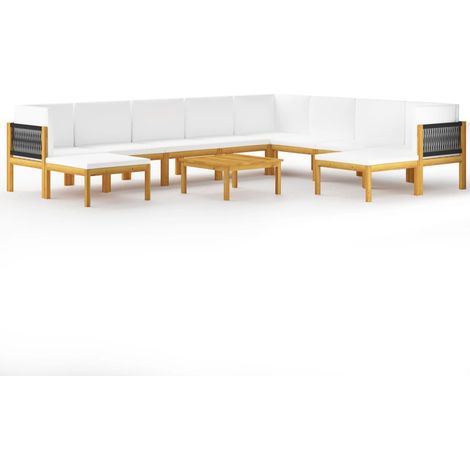 vidaXL Salon de jardin 11 pièces avec coussins, bois d'acacia crème et corde