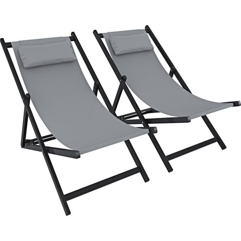 Set di 2 Sedie Sdraio Leggera Da Giardino Schienale Regolabile 5 Posizioni Pieghevole Ergonomica Con Cuscino Traspirante Struttura Nera In Alluminio Da Esterno Piscina Mare Portata 160 Kg (Grigio)