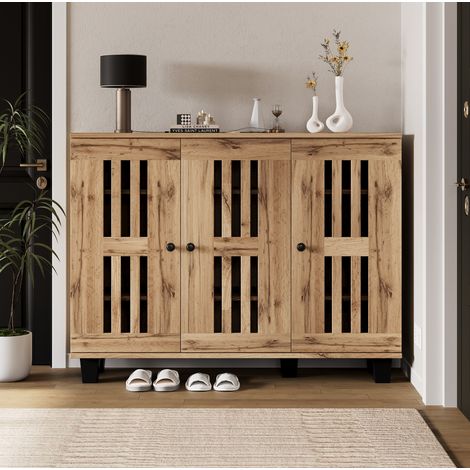 Sideboard 120x32x92 cm Naturholzfarben aus Spanplatte mit 3 Türen, 5 Ebenen und stabiler PVC-Unterkonstruktion (1/5)