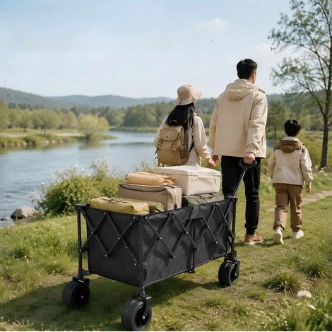 Chariot pliant de transport tout-terrain avec freins, roues larges pivotantes, structure en acier et tissu résistant, rangement compact pour camping, jardin et courses CHICFURN (1/5)