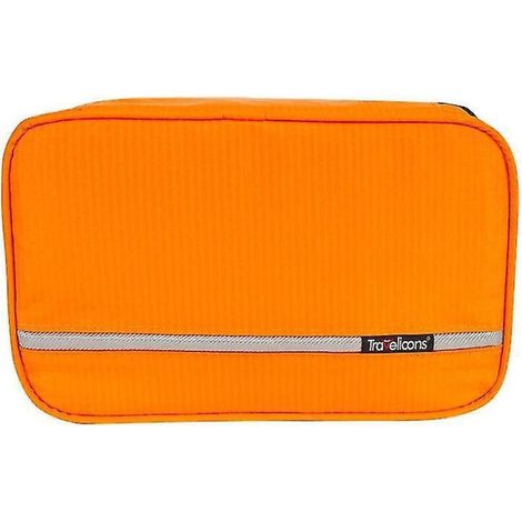 Hängender Reise-Kulturbeutel, ideal zur Aufbewahrung von Toilettenartikeln, Kosmetik und Make-up. Mit stabilem Aufhängehaken. Duschbeutel – schwarz und orange. (1/4)
