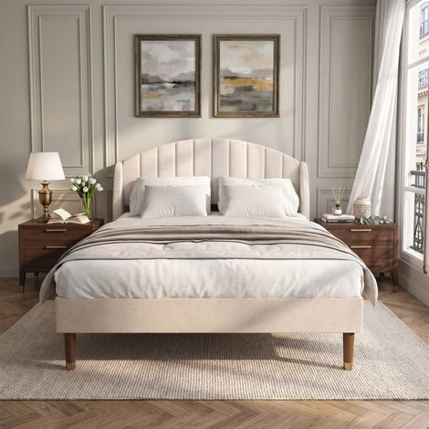 Letto 140x190 cm - Letto capitonné in velluto - Rete a doghe - Beige - Struttura in metallo (1/5)