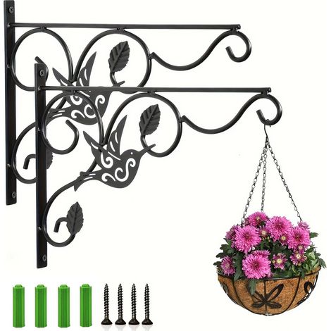 Juego de 2 colgadores de pared para plantas (diseño floral) – 24 x 20,2 cm – Metal negro – Ideal para colgar macetas, faroles y campanillas de viento. (1/5)