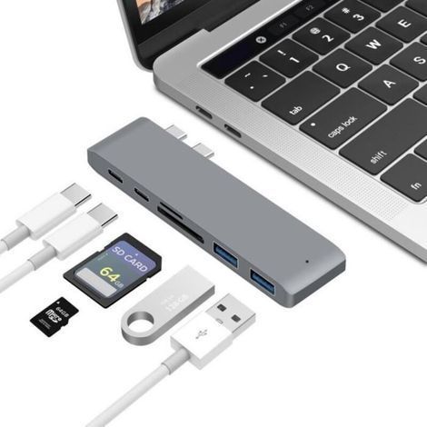 Hub USB C MacBook Pro, Adapter HUB Double Type-C 6 und 1 mit 2 Ports Type-C, 2 Ports USB 3.0, 1 Port Karte SD/TF (1/4)