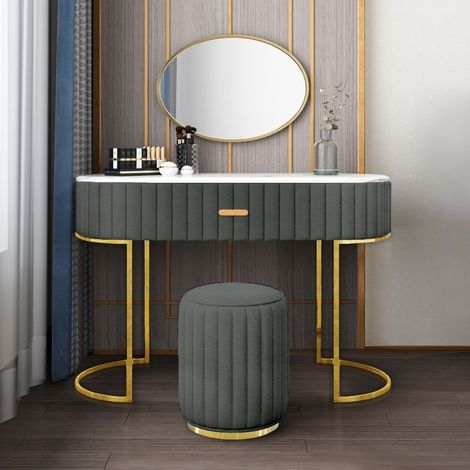 Coiffeuse enfant ovale en faux marbre – Métal et polyuréthane gris – Dimensions 120 x 42.5 x 75 cm – Design moderne et élégant – Meubler Design
