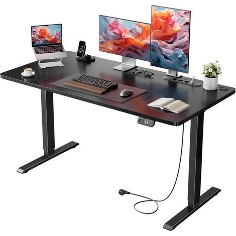 Escritorio Elevable Eléctrico EcoFurnix, 140 x 60 cm, Altura Ajustable 72-117 cm, con Toma de Corriente Integrada y Puerto USB, Memoria, Negro (1/5)