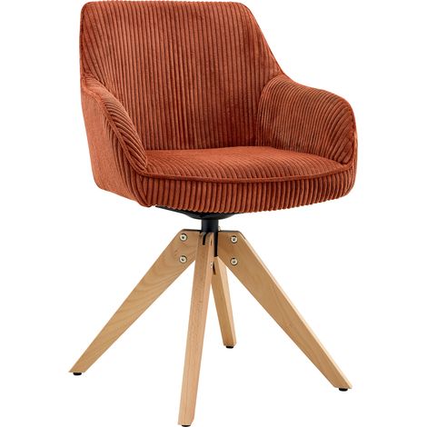 Lot de 2 chaises pivotantes rétro luxueuses au style vintage léger, assise en velours orange-rouge à fines rayures verticales, pieds en bois massif, rotation à 360° (1/5)