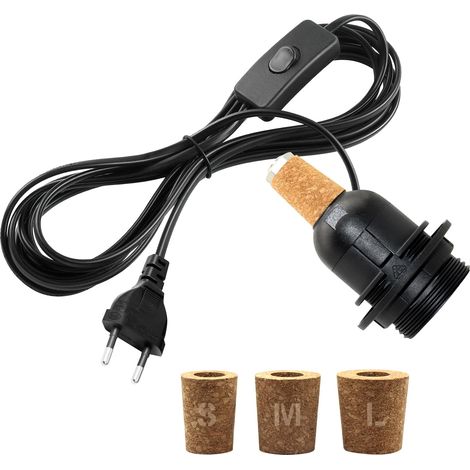 Kit Lampe Bouteille, 240CM Câble, Douille E27 pour Bouteille Lampe, Adaptateur Bouteille pour Douille de Lampe, Inclus 3 Bouchons Souples, Support Ampoule pour Différent Bouteilles, Noir (1/5)