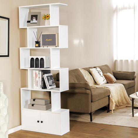 Bibliothèque Échelle en Bois 6 Niveaux, 2 Portes 70x23x183 cm Style Moderne Blanc CW34195 (1/3)