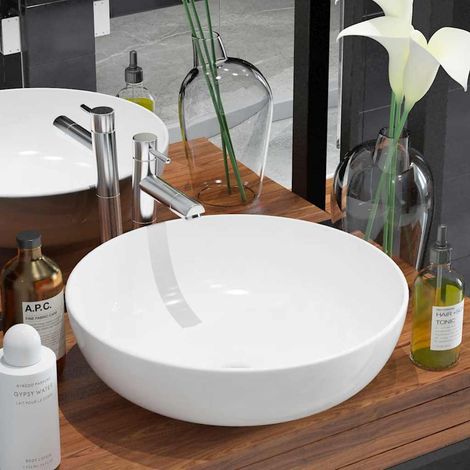 Lavabo ronde en céramique émaillée blanche – Diamètre 41,5 cm x Hauteur 13,5 cm – Vasque à poser pour salle de bain ou toilette – Trou vidange 4,5 cm (1/5)