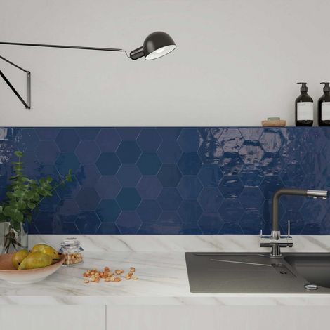 Carrelage mural faïence Zellige Hexa, hexagone 12,4x10,8cm (10 couleurs) - Hexagone 12,4x10,8 cm Bleu foncé - Brillant / Poli - boîte de 0.38 m2 - Gi (1/3)