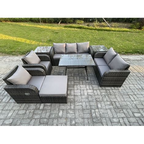 Fimous 8-Sitzer Hoher Rücken Polyrattan Sofa Set Gartenmöbel Esstisch Set mit Liegestühle 3-Sitzer Sofa Love Sofa 2 Beistelltischen 2 Großer Hockern (1/5)