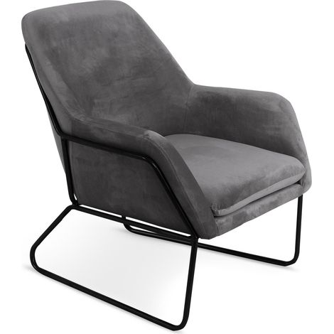 Fauteuil Claudio Velours Gris pieds Métal Noir