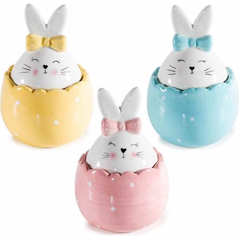 Set 3 Barattoli da Cucina in Ceramica a Forma di Coniglietti Pasquali (1/5)