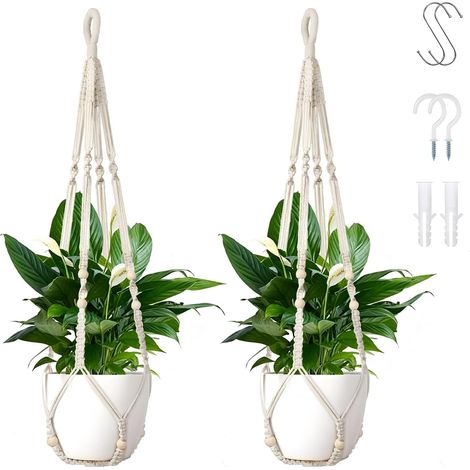 Suspension Plante Macramé Lot de 2, Coton Naturel Tressé Fait Main. 90 cm avec Crochets, pour Pots Jusqu'à 23 cm. Décoration Bohème Chic pour Salon, Chambre, Balcon. (sans Pots ni Plantes) (1/5)
