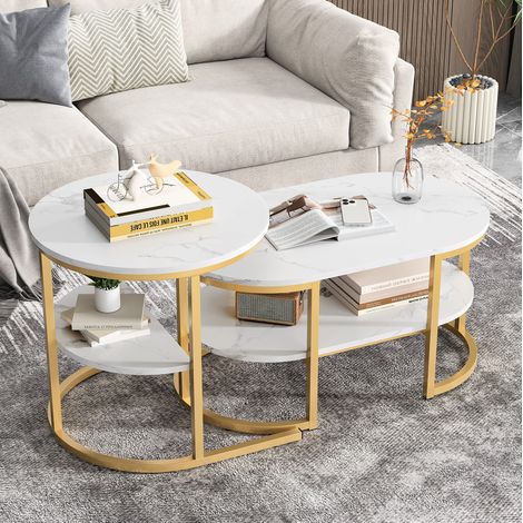 Set aus 2 Couchtischen (88.0x57.0x11.0 cm), nestbar, mit Ablagefläche, Holz und Edelstahl, goldfarben (1/5)