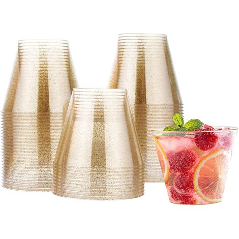 60 Gobelets, Paillettes d'Or, 270ml, Plastique Dur, Réutilisables, Mariages Fêtes