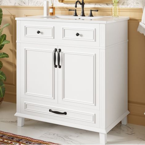 Mobile bagno 77x46x86 cm con lavabo in ceramica, 9 scomparti, ante con chiusura ammortizzata, MDF bianco (1/5)