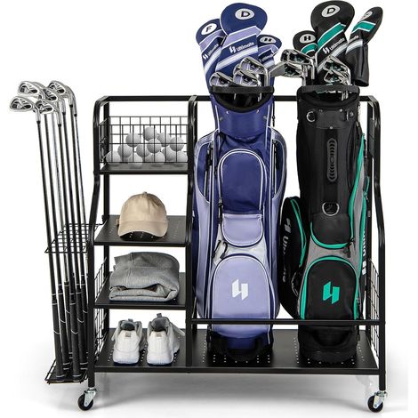 COSTWAY Organizador de Almacenamiento para Palos de Golf, 3 Estantes y 1 Cesta, Estante de Almacenaje con Ruedas Extraíbles para 2 Bolsas de Golf，6 Ganchos para Accesorios de Equipos de Golf (1/5)