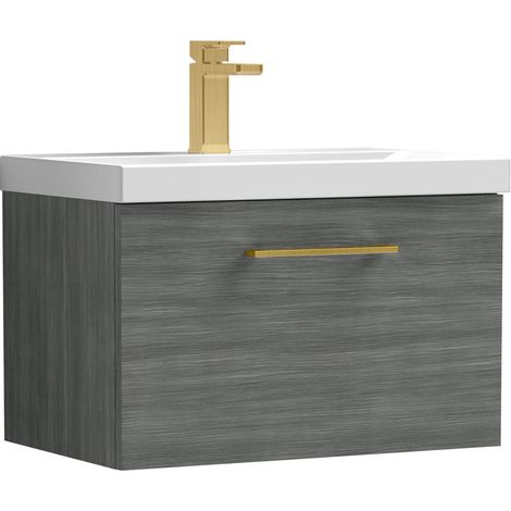 Balterley 600mm Wall Hung Bathroom 1 Drawer Vanity Unit & 1 Tap Hole Ceramic Basin, Woodgrain Anthracite & Brushed Brass Handle