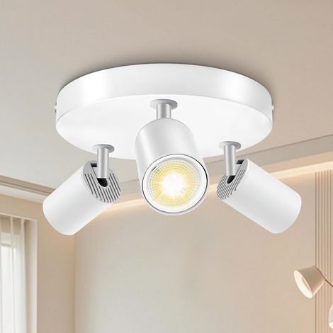 Plafonnier 3 Spots Rond Blanc Luminaire De Plafond Orientable GU10 Plafonnier rond 3 spots.Sans Ampoule.Douilles GU10 et fils de cuivre certifiés. Raccordement de terre sûr 3 pôles. (1/5)