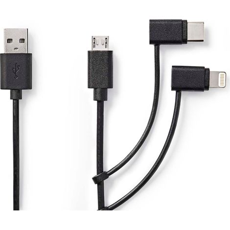 Cable 3 en 1 usb 20 usb a macho apple lightning 8 pines usb micro b macho usb c macho 480mbps 100m niquelado redondo pvc negro etiqueta
