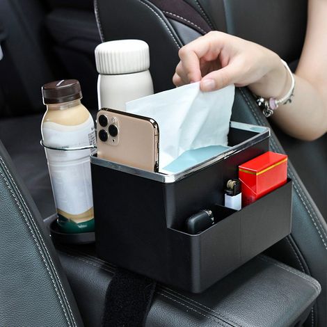 Multifunktionale Aufbewahrungsbox für die Auto-Armlehne mit klappbaren Getränkehaltern