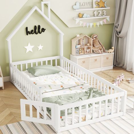 Letto bambino 90x200 cm con rete a doghe e design a camino, senza materasso, bianco (1/5)