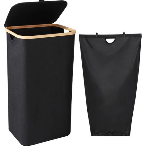 (Noir) Panier a Linge, 100L Corbeille a Linge avec Couvercle e Poignées - Bac a Linge Sale avec Sac Linge Sale Amovible - Laundry Basket Pliable de Grande Capacité, 40,5x33,5x75CM (1/5)